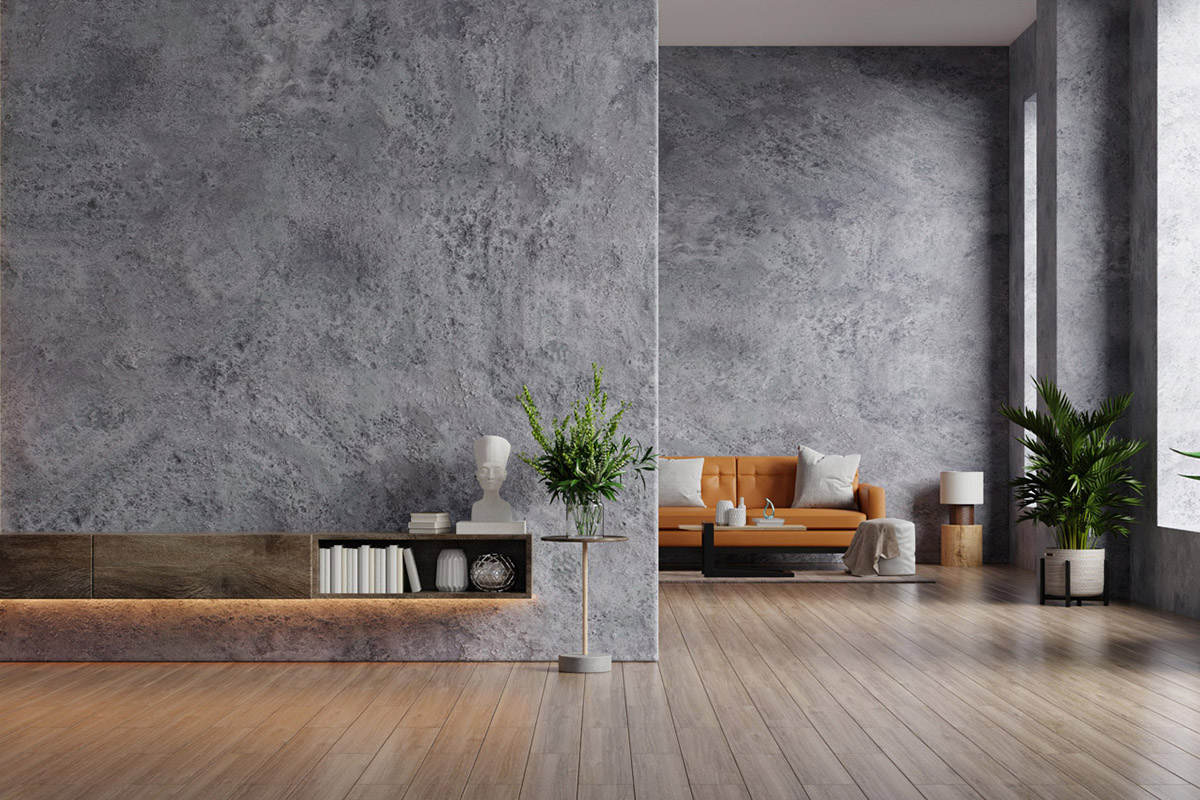 Canapé en cuir et une table en bois à l'intérieur du salon avec mur gris